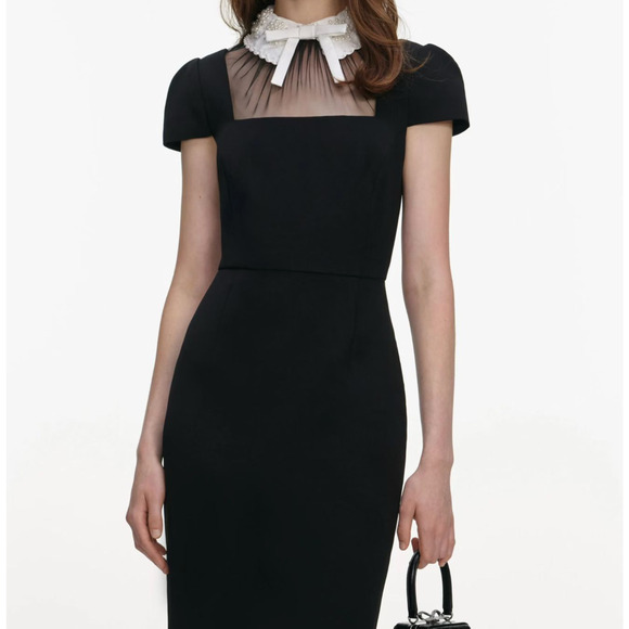 Self-Portrait Black Crepe Bow Collar Midi Dress US 4 - Picture 4 of 11